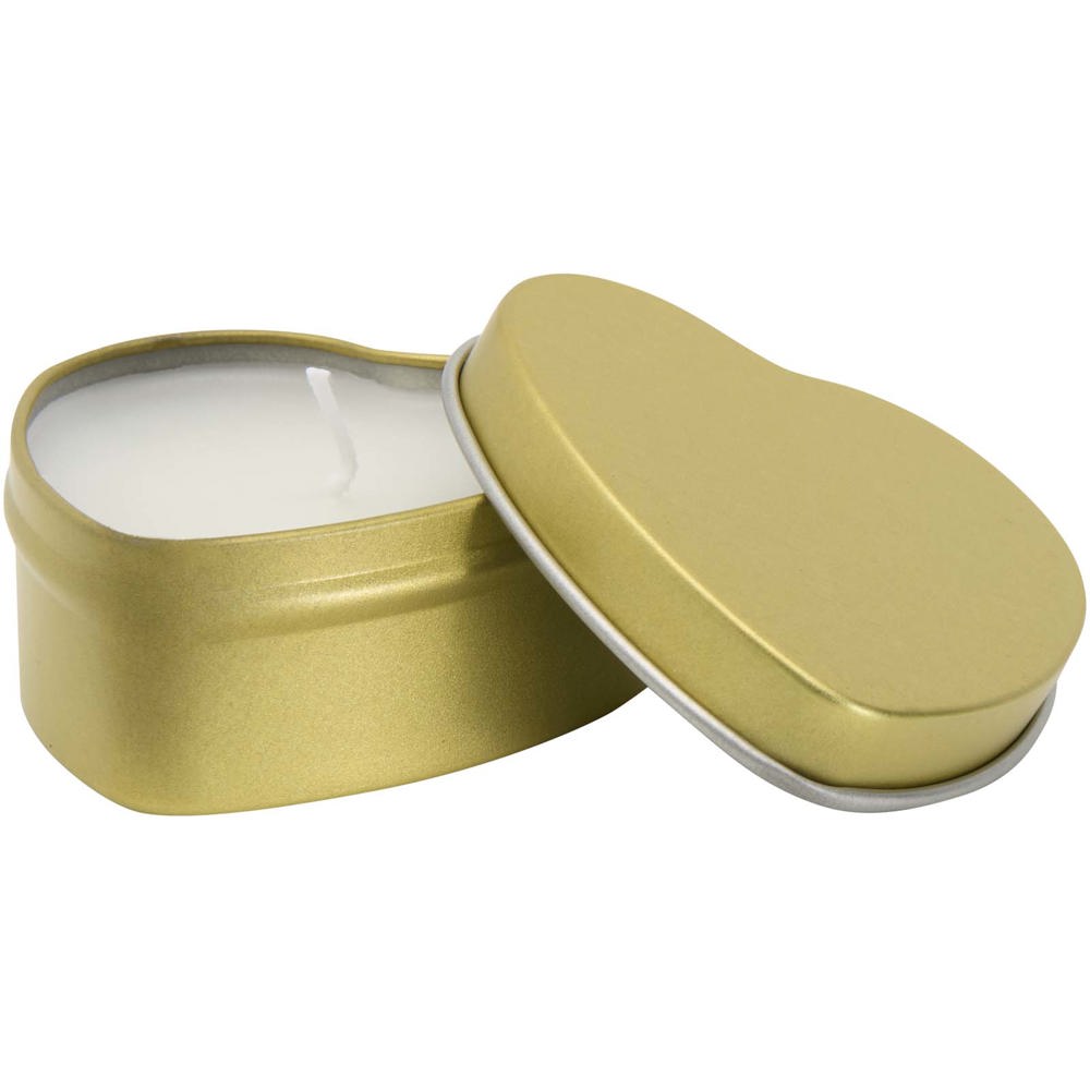Candela in scatola di latta a forma di cuore all'aroma di vaniglia Blissful - Oro rosa