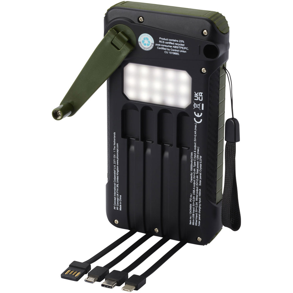 Power bank a dinamo solare in plastica riciclata RCS da 10.000 mAh Soldy 