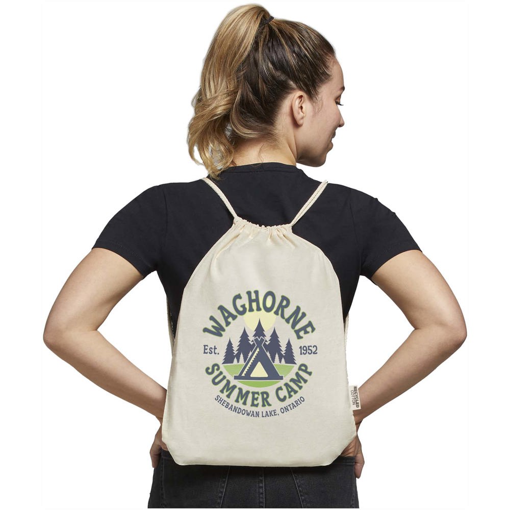 Borsa con cordoncino in cotone riciclato certificato GRS da 140 g/m² Oregon
